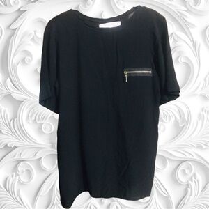 Zara Collection Black Woven Short Sleeve Top With Breast Zipper Pocket